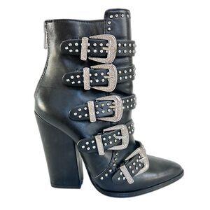 STEVE MADDEN Comet Black Leather Studded Buckle Western-Inspired Ankle Boots